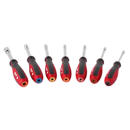 7-piece Metric HollowCore Magnetic Nut Driver Set with red and black handles, color-coded ends, and visible brand logos.