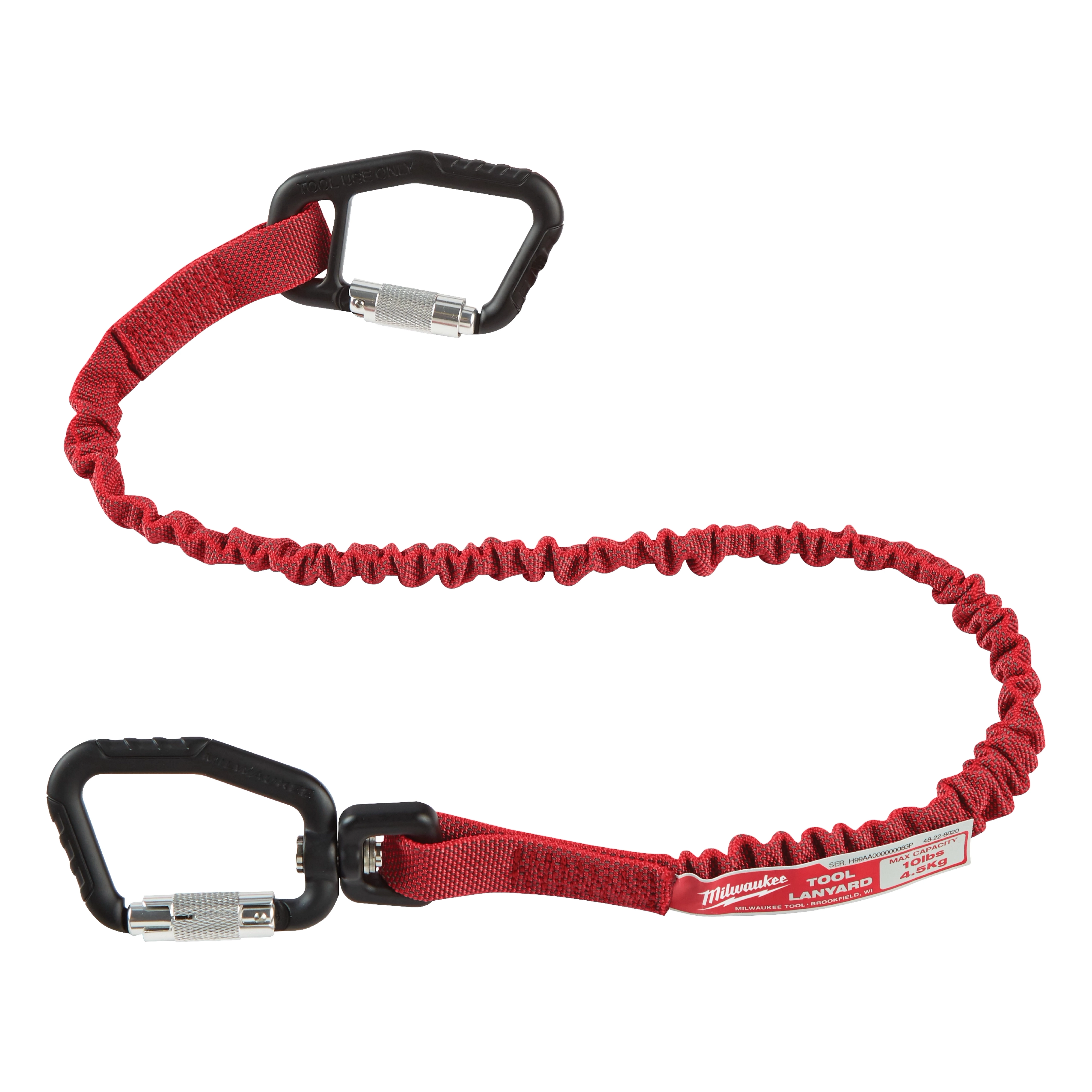 Red 10lbs 36" Quick-Connect Locking Tool Lanyard with black carabiner clips and safety labels on both ends, featuring a coiled design.