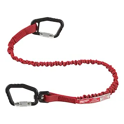 Red 10lbs 36" Quick-Connect Locking Tool Lanyard with black carabiner clips and safety labels on both ends, featuring a coiled design.
