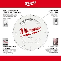Milwaukee Fine Finish Wood Blade 48-40-0726 features tungsten carbide tips, ATB tooth pattern, anti-friction coating, and laser cut technology.