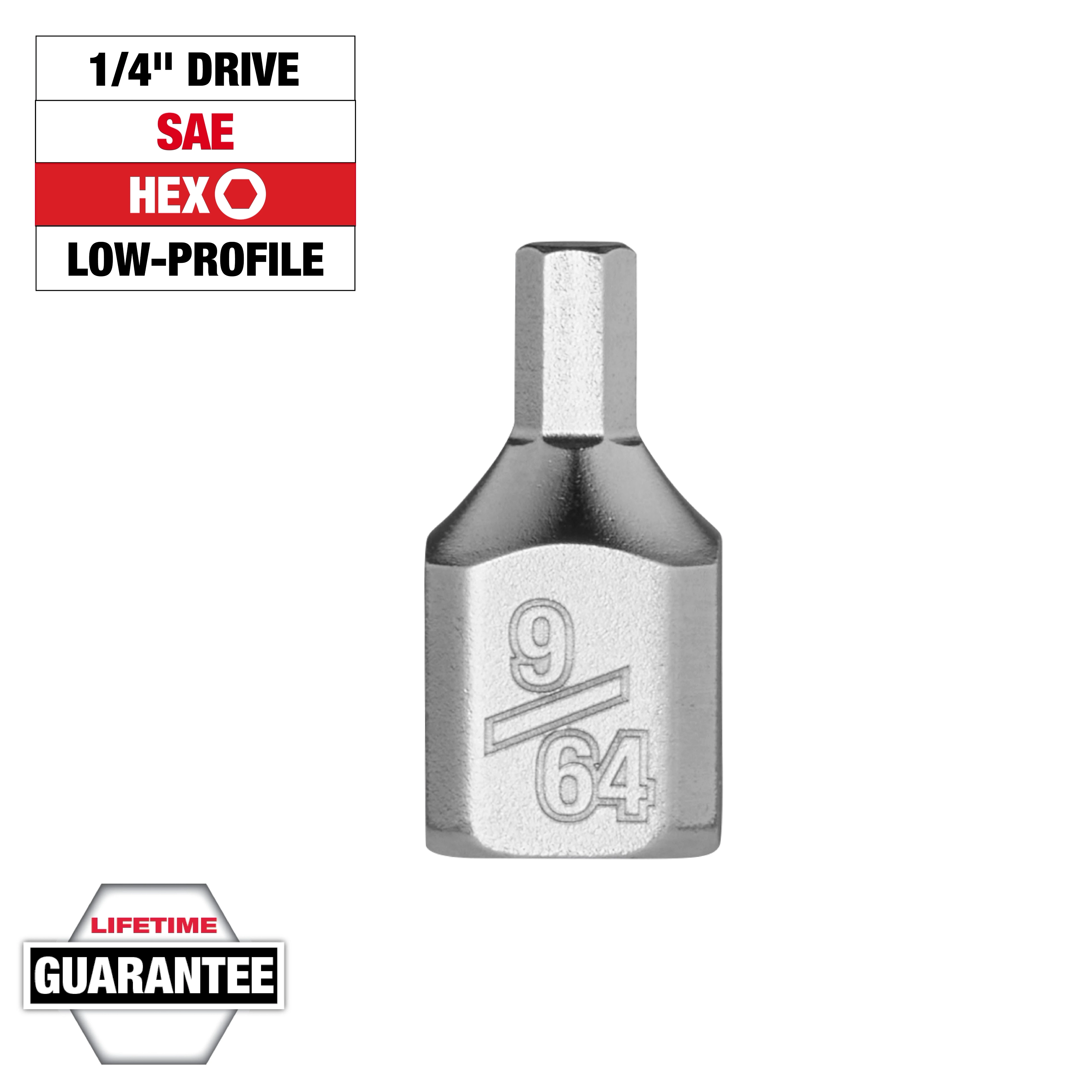 1/4" Drive 9/64" Low-Profile Hex Bit Socket with marking "9/64" in the middle. SAE, hex type, lifetime guarantee label included.