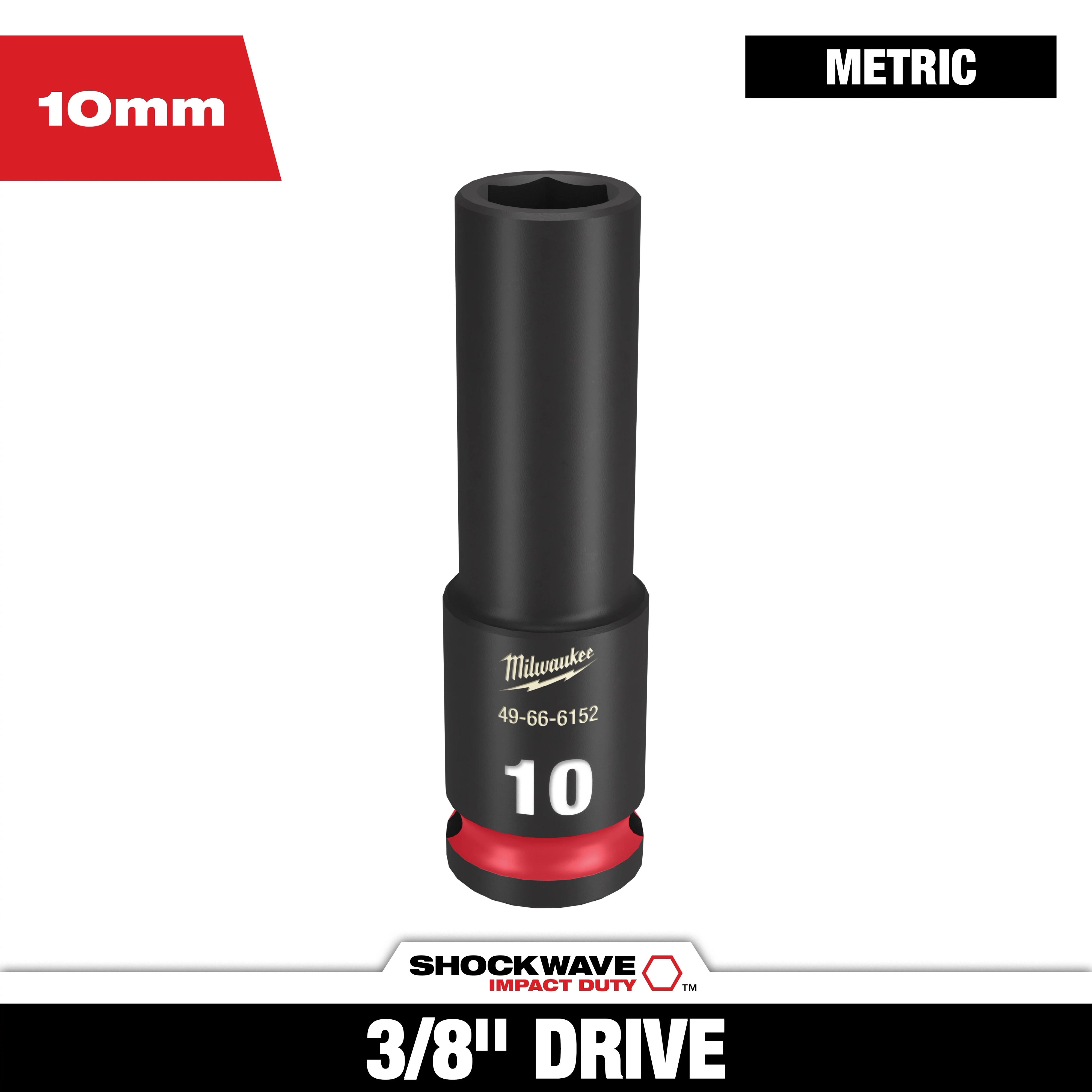 SHOCKWAVE 3/8 in. Drive 10mm Deep 6 Point Impact Socket 1 Pack. Black with a red base, 10mm marking, and six-point opening for impact duty usage, shown with Milwaukee branding.