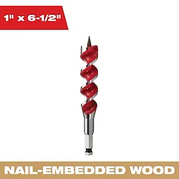 The 1" x 6-1/2" auger bit features a red spiral design with a screw tip and is labeled for nail-embedded wood.