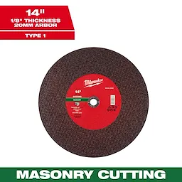 14" x 1/8" x 1" Masonry Cut Off Wheel - Type 1. The wheel has a red center label and is designed for masonry cutting.