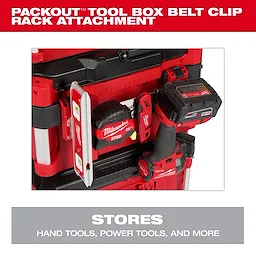 PACKOUT Tool Box Belt Clip Rack Attachment securely holds various tools, including a tape measure, level, and power drill.