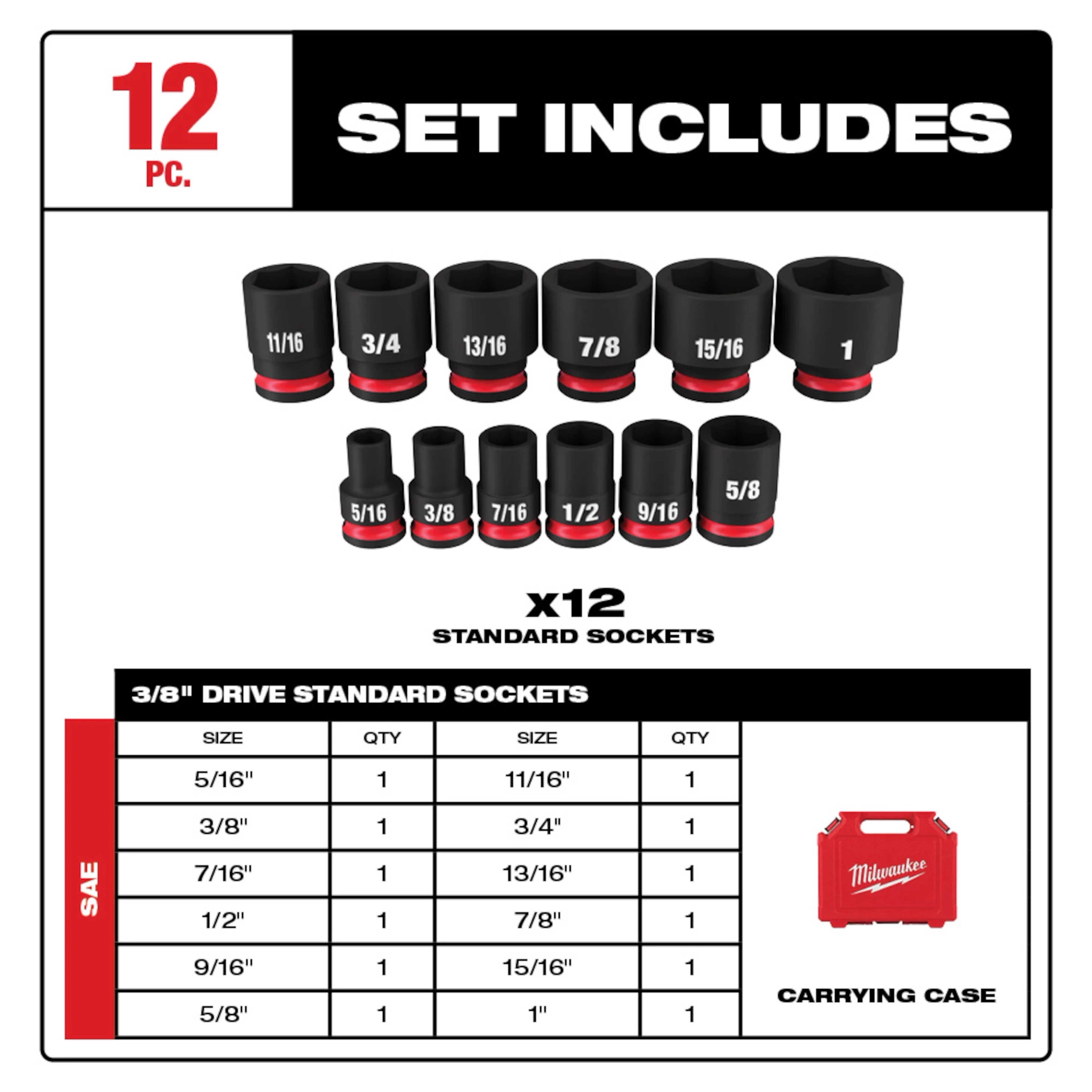 12PC SHOCKWAVE Impact Duty(TM) 3/8" Drive SAE Standard 6 Point Socket Set