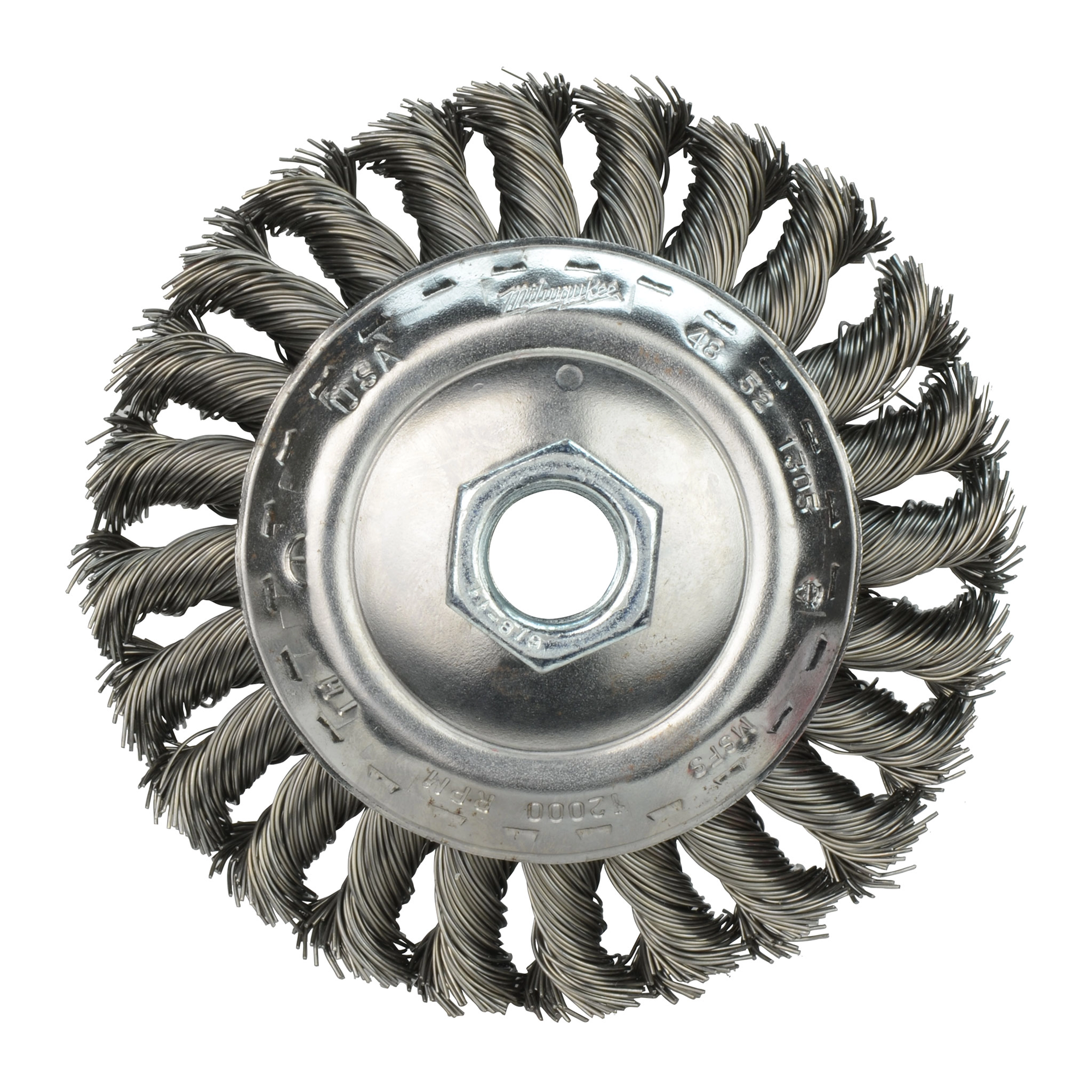 4" Bevel Knot Brush - Carbon Steel Block Shot features twisted wire bristles in a circular arrangement for cleaning and deburring.