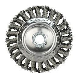 4" Bevel Knot Brush - Carbon Steel Block Shot features twisted wire bristles in a circular arrangement for cleaning and deburring.