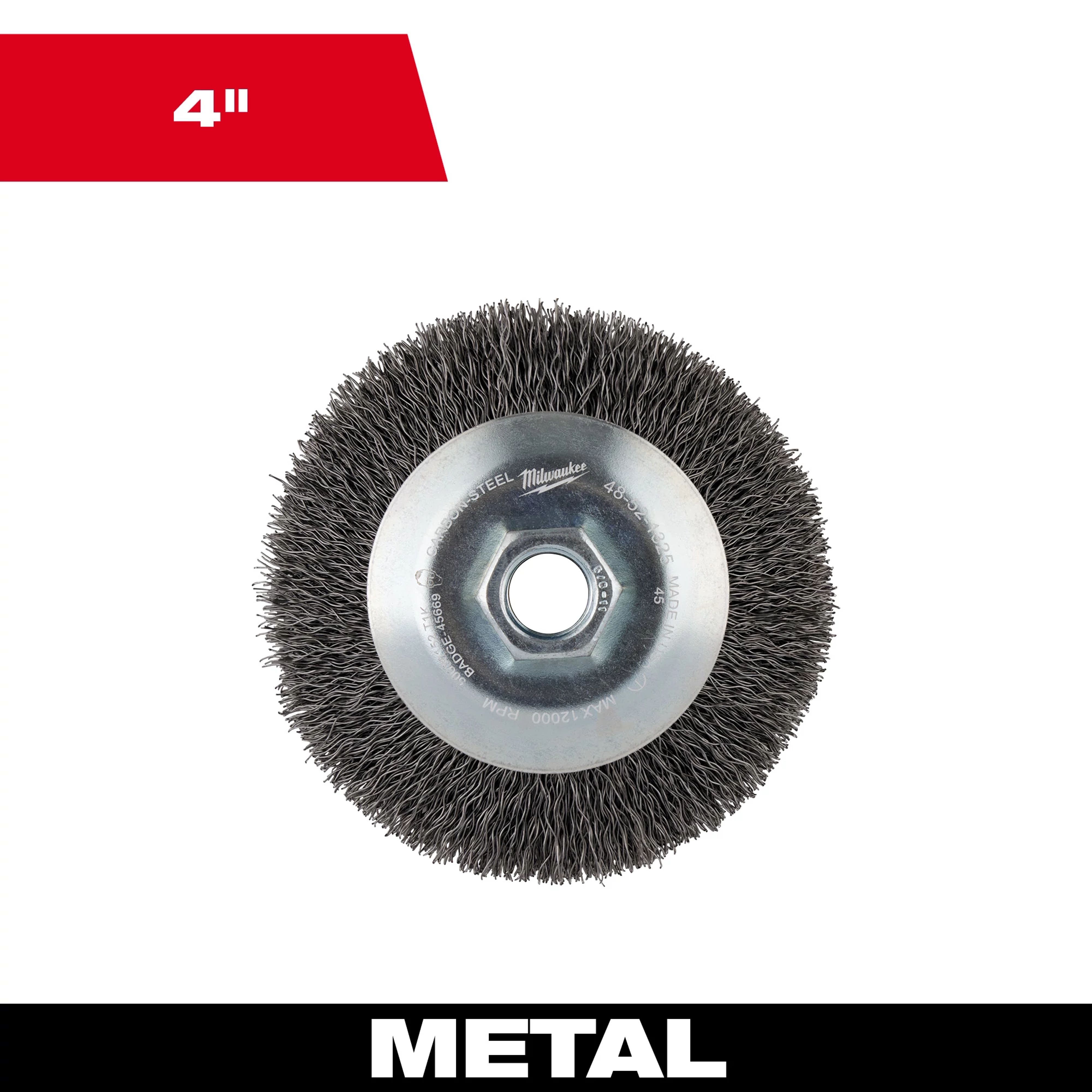4" Bevel Crimped Brush made of carbon steel with metal bristles and a central hole, designed for use on metal surfaces.