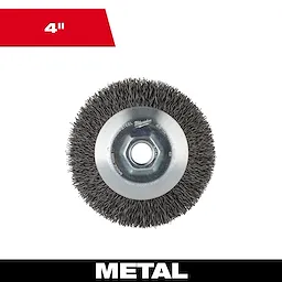 4" Bevel Crimped Brush made of carbon steel with metal bristles and a central hole, designed for use on metal surfaces.