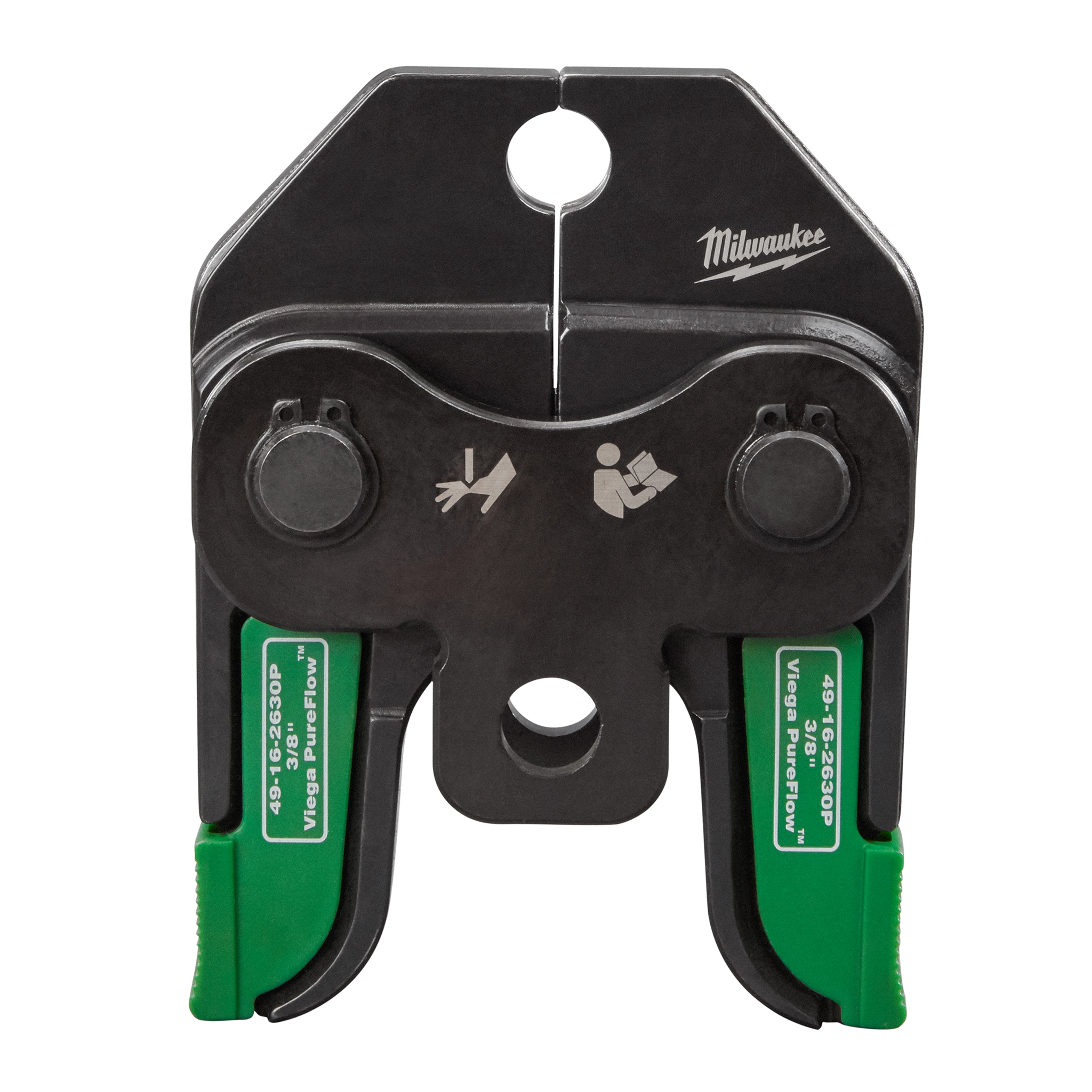 The image displays an M18™ Short Throw Press Tool with Viega PureFlow™ Jaws. It features a compact design and green jaws, labeled with "Viega PureFlow™". The tool includes icons indicating the use of hands and a manual for operation guidance. The brand Milwaukee is visible on the top right.