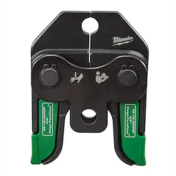 The image displays an M18™ Short Throw Press Tool with Viega PureFlow™ Jaws. It features a compact design and green jaws, labeled with "Viega PureFlow™". The tool includes icons indicating the use of hands and a manual for operation guidance. The brand Milwaukee is visible on the top right.