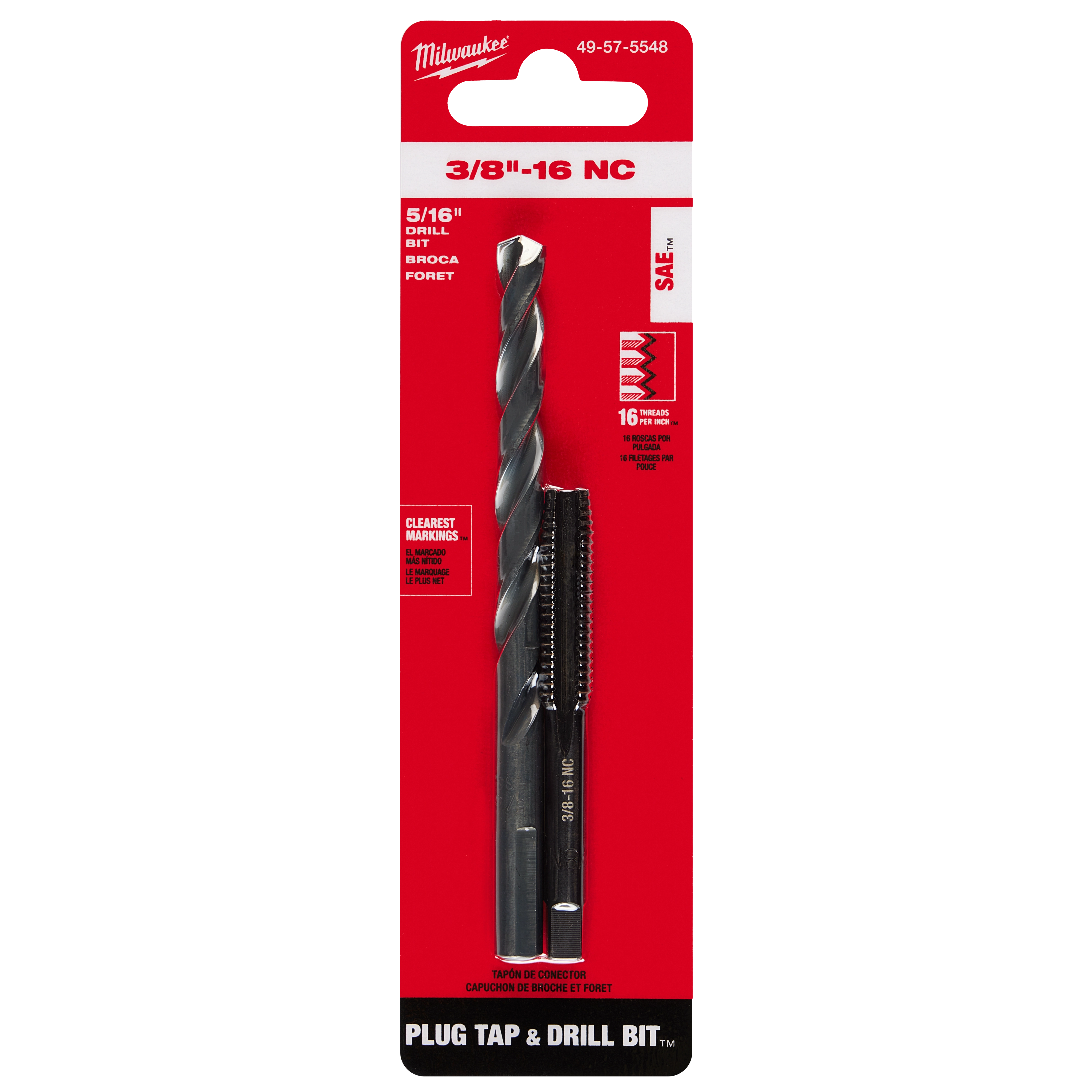 3/8"-16 Straight Flute Plug Tap & 5/16" Drill Bit set in red packaging, showing a drill bit and a tap tool.