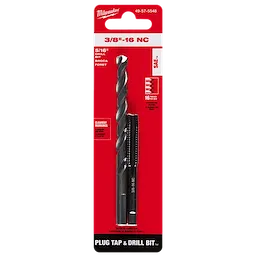 3/8"-16 Straight Flute Plug Tap & 5/16" Drill Bit set in red packaging, showing a drill bit and a tap tool.