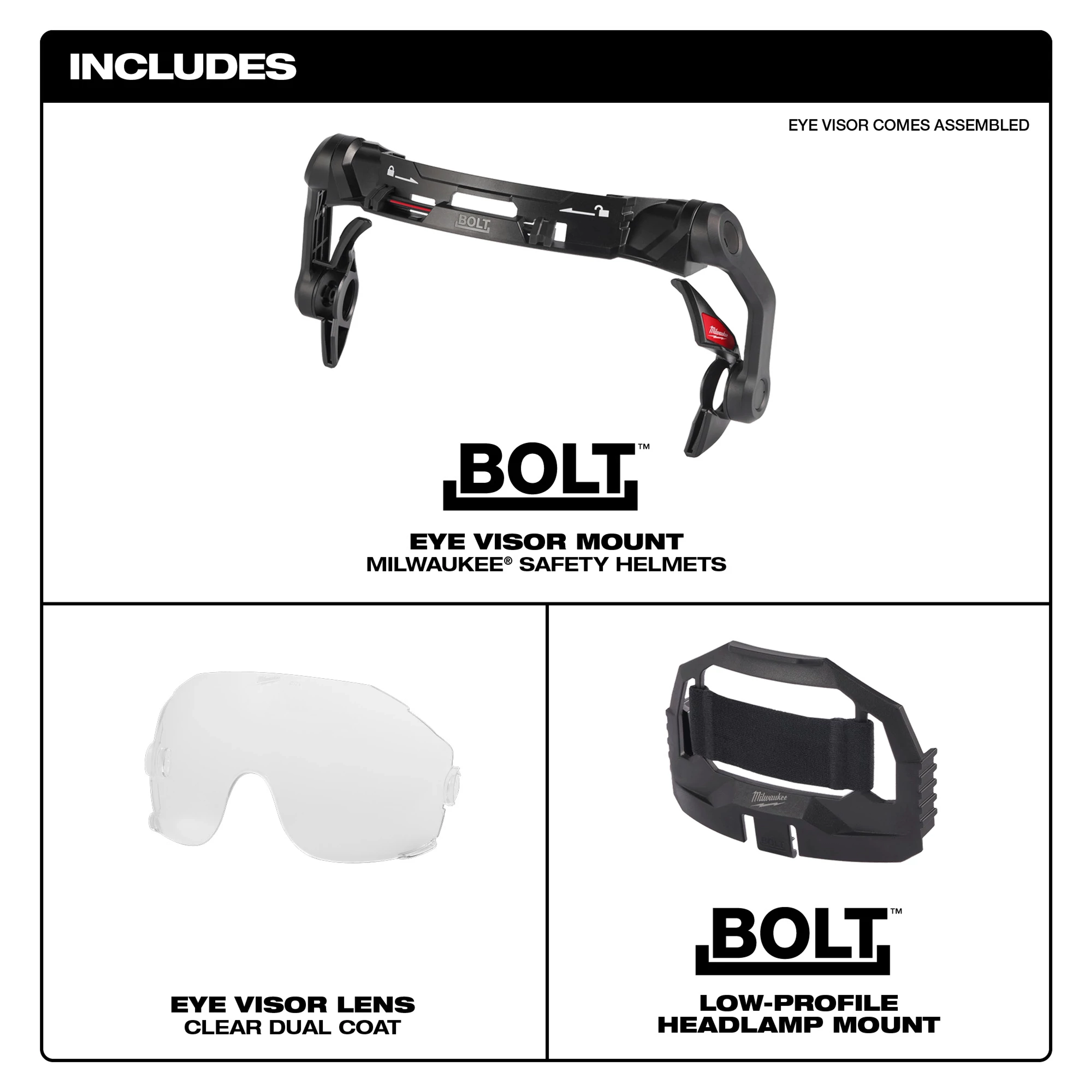 BOLT Eye Visor - Clear Dual Coat with mount for safety helmets and low-profile headlamp mount included.