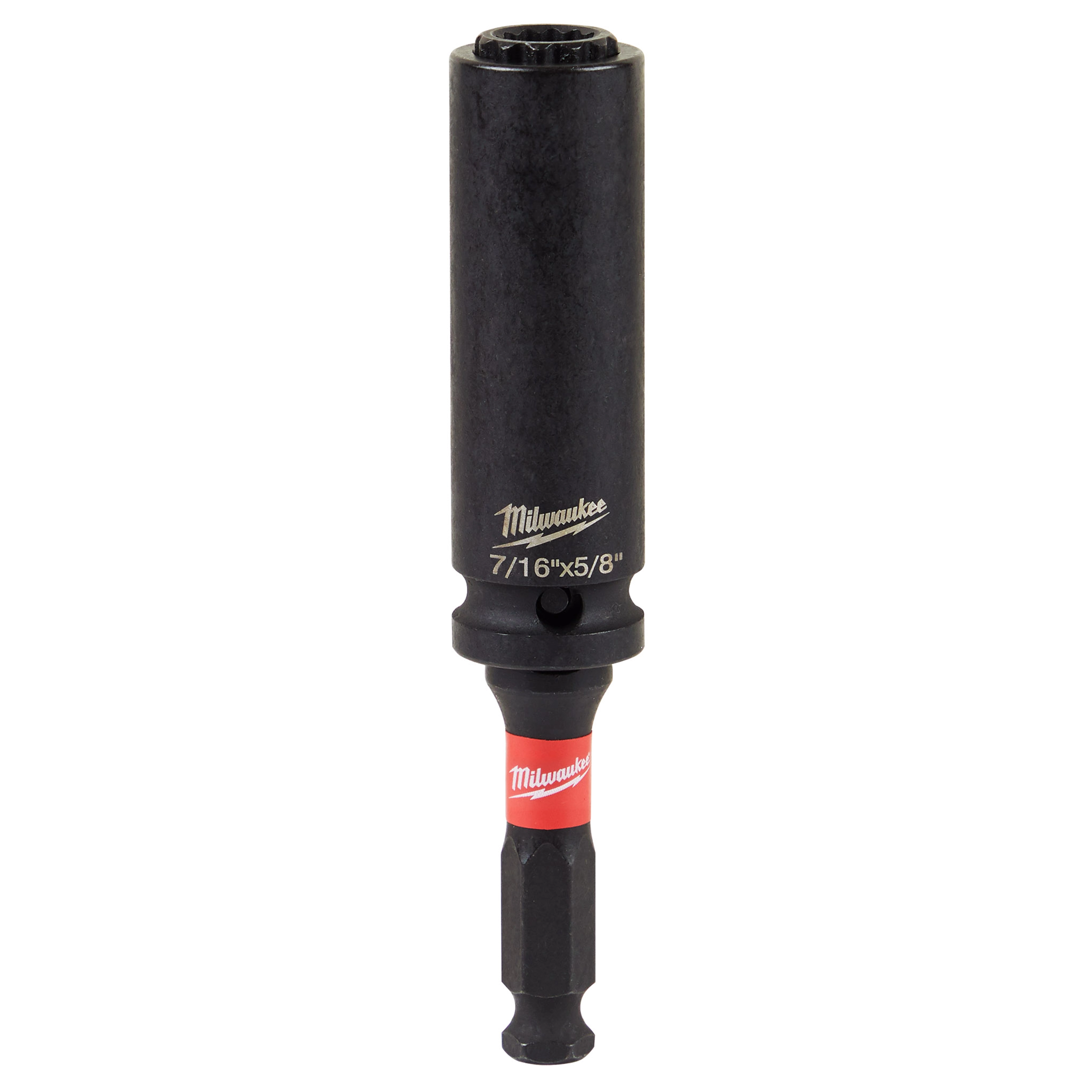 Shockwave Lineman's 12PT 7/16" & 5/8" 2-in-1 Socket, branded with "Milwaukee", prominently displayed with a black finish and red detailing. The socket fits both 7/16-inch and 5/8-inch fasteners, designed for versatility and durability in electrical work.