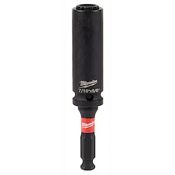Shockwave Lineman's 12PT 7/16" & 5/8" 2-in-1 Socket, branded with "Milwaukee", prominently displayed with a black finish and red detailing. The socket fits both 7/16-inch and 5/8-inch fasteners, designed for versatility and durability in electrical work.
