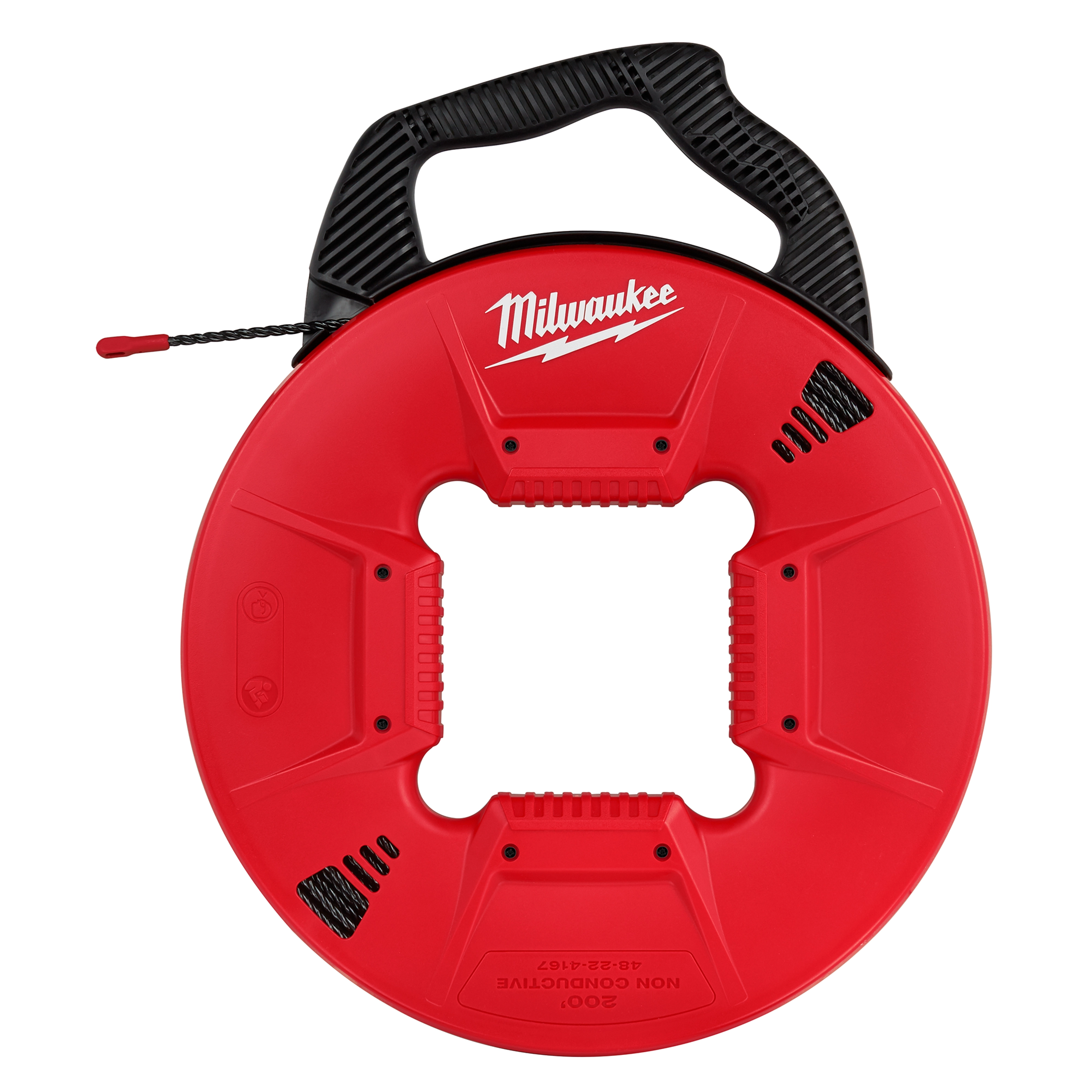 Red 200% Polyester Fish Tape with Non-conductive tip, featuring a black handle and a hole in the center for easy grip.