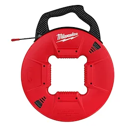 Red 200% Polyester Fish Tape with Non-conductive tip, featuring a black handle and a hole in the center for easy grip.