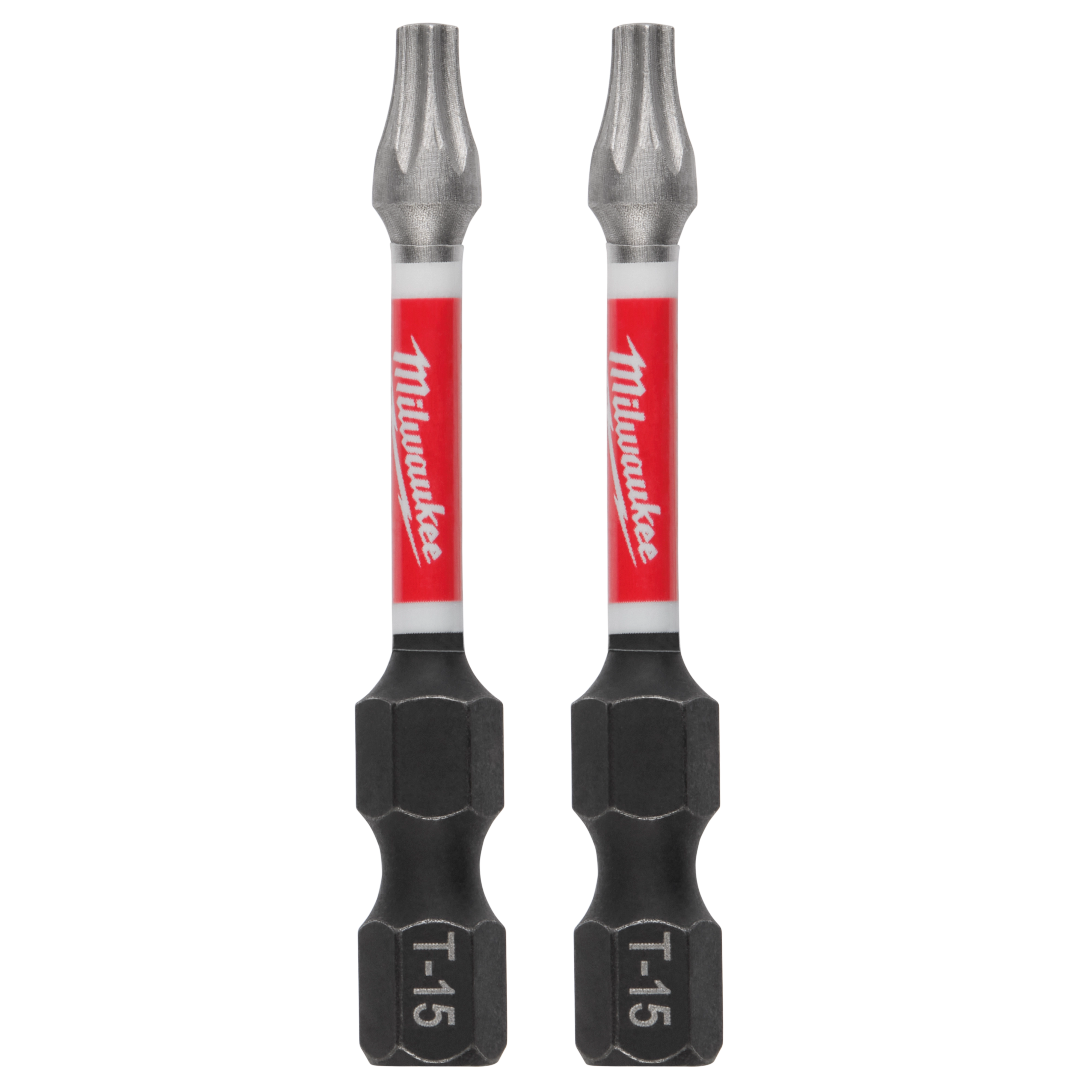 The image shows two SHOCKWAVE™ Impact Duty 2" T15 Bits (2 Pk) by Milwaukee. Each bit has a silver tip, red and white Milwaukee branding in the middle, and a black base with "T-15" labeled on it.