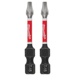 The image shows two SHOCKWAVE™ Impact Duty 2" T15 Bits (2 Pk) by Milwaukee. Each bit has a silver tip, red and white Milwaukee branding in the middle, and a black base with "T-15" labeled on it.