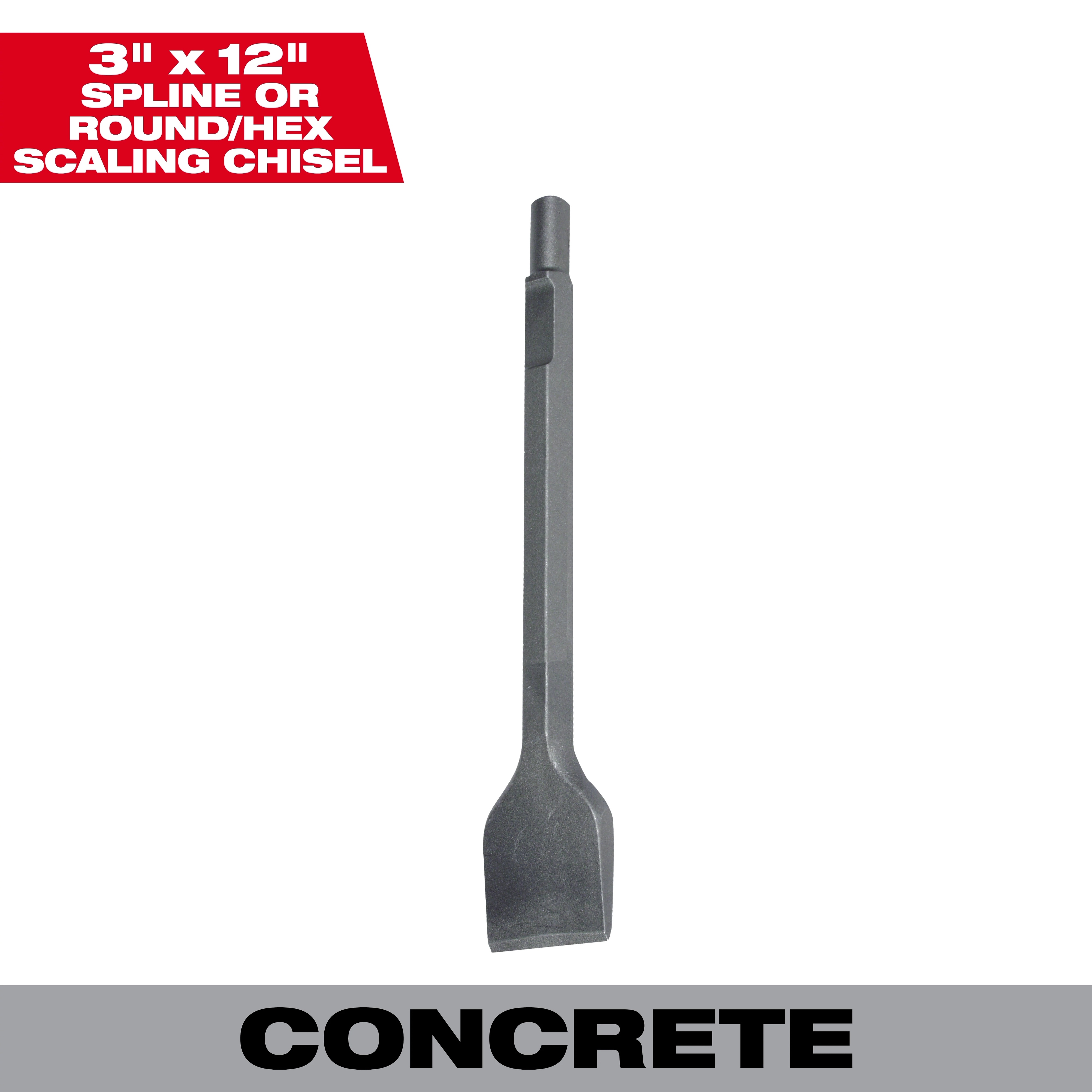 3 in. x 12 in. Steel Scaling Chisel Masonry Bit, designed for concrete applications. Spline or round/hex shank compatibility.