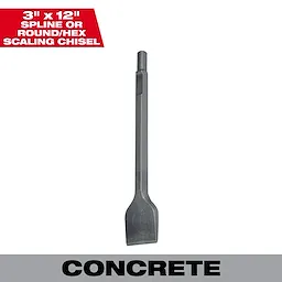 3 in. x 12 in. Steel Scaling Chisel Masonry Bit, designed for concrete applications. Spline or round/hex shank compatibility.