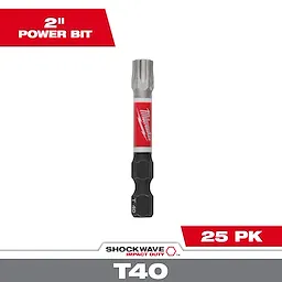 This image displays the SHOCKWAVE™ 2" Impact Duty TORX® T40 Power Bits, available in a bulk package of 25. The bit is grey with a red and white label indicating the Milwaukee brand, featuring a T40 marking at the base. Marken text at top, bottom, and corners.