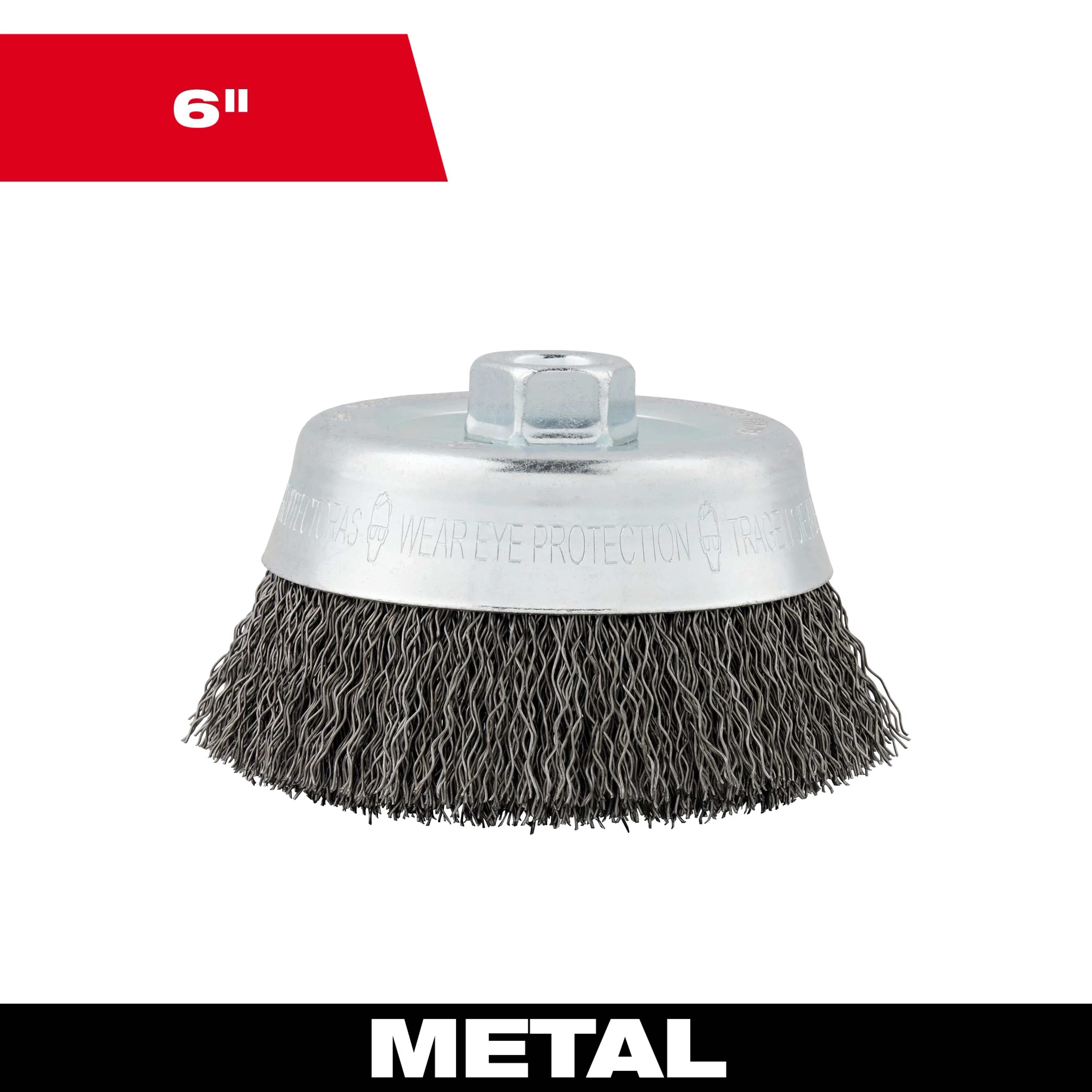 6" Crimped Wire Cup Brush - Carbon Steel, featuring a threaded nut and dense wire bristles, suitable for metal cleaning.