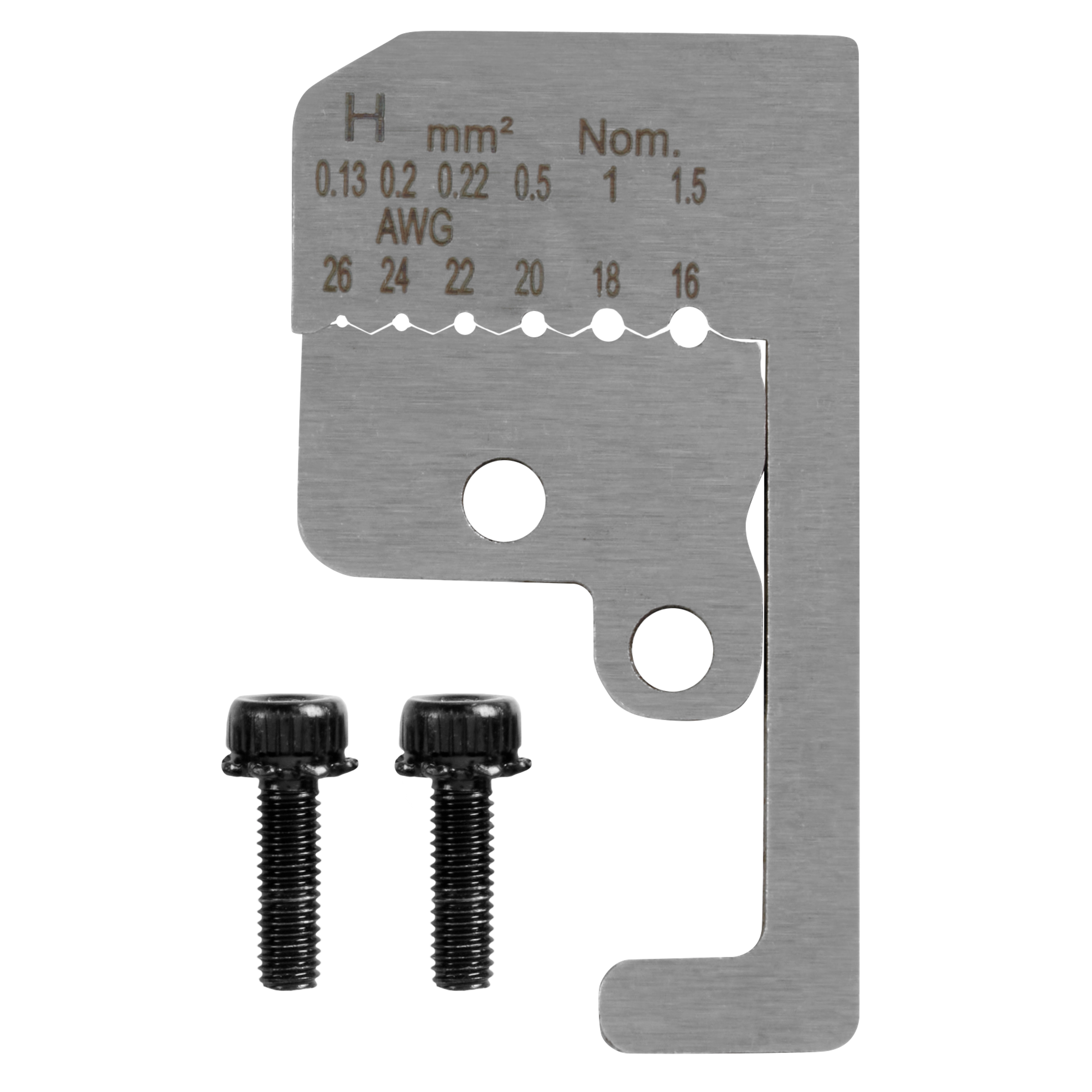 16-26 AWG Automatic Wire Stripper Low Voltage Replacement Blade Kit includes a metal blade with measurements and two screws.