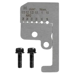 16-26 AWG Automatic Wire Stripper Low Voltage Replacement Blade Kit includes a metal blade with measurements and two screws.