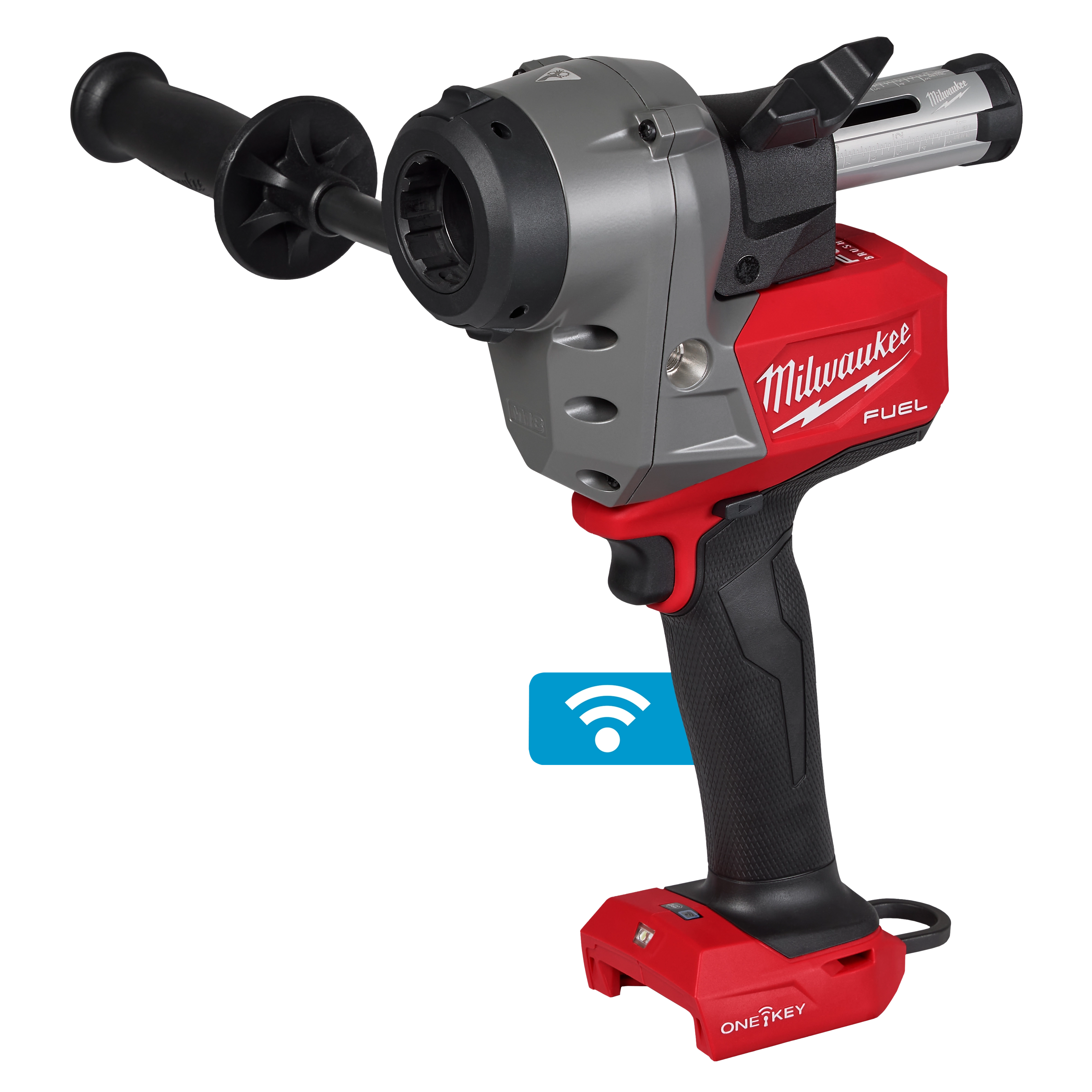 The M18 FUEL™ Covered Conductor Cable Stripper by Milwaukee is a cordless power tool with a red and black body, a side handle for stability, and a blade guard. The image includes an icon indicating wireless connectivity.