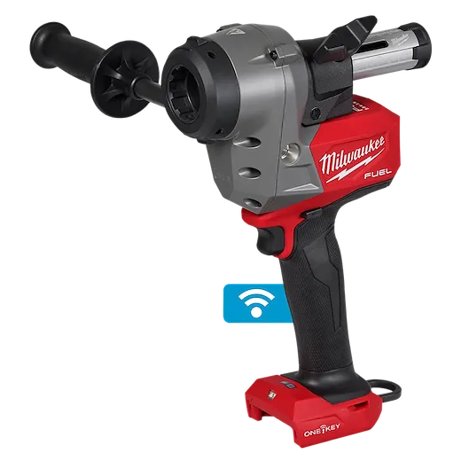 The M18 FUEL™ Covered Conductor Cable Stripper by Milwaukee is a cordless power tool with a red and black body, a side handle for stability, and a blade guard. The image includes an icon indicating wireless connectivity.