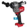 The M18 FUEL™ Covered Conductor Cable Stripper by Milwaukee is a cordless power tool with a red and black body, a side handle for stability, and a blade guard. The image includes an icon indicating wireless connectivity.