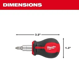 Image of a Milwaukee 6-IN-1 Stubby Multi-Bit Screwdriver with a red and black handle. The dimensions are shown, with the length being 3.2 inches and the height 1.3 inches.