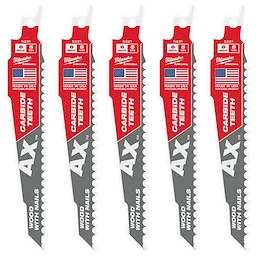 Five 6-inch 5 TPI AX™ with Carbide Teeth SAWZALL® Blades for cutting wood with nails. The blades have a red, white, and gray design, featuring the American flag and branding. Packaging indicates they are made in the USA.