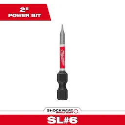 The image shows a SHOCKWAVE™ 2" Impact Duty Slotted 1/8" Power Bit. The bit features a red and white shank with "Milwaukee" branding, a slotted tip, and a black, hexagonal base. It is labeled as SL#6.