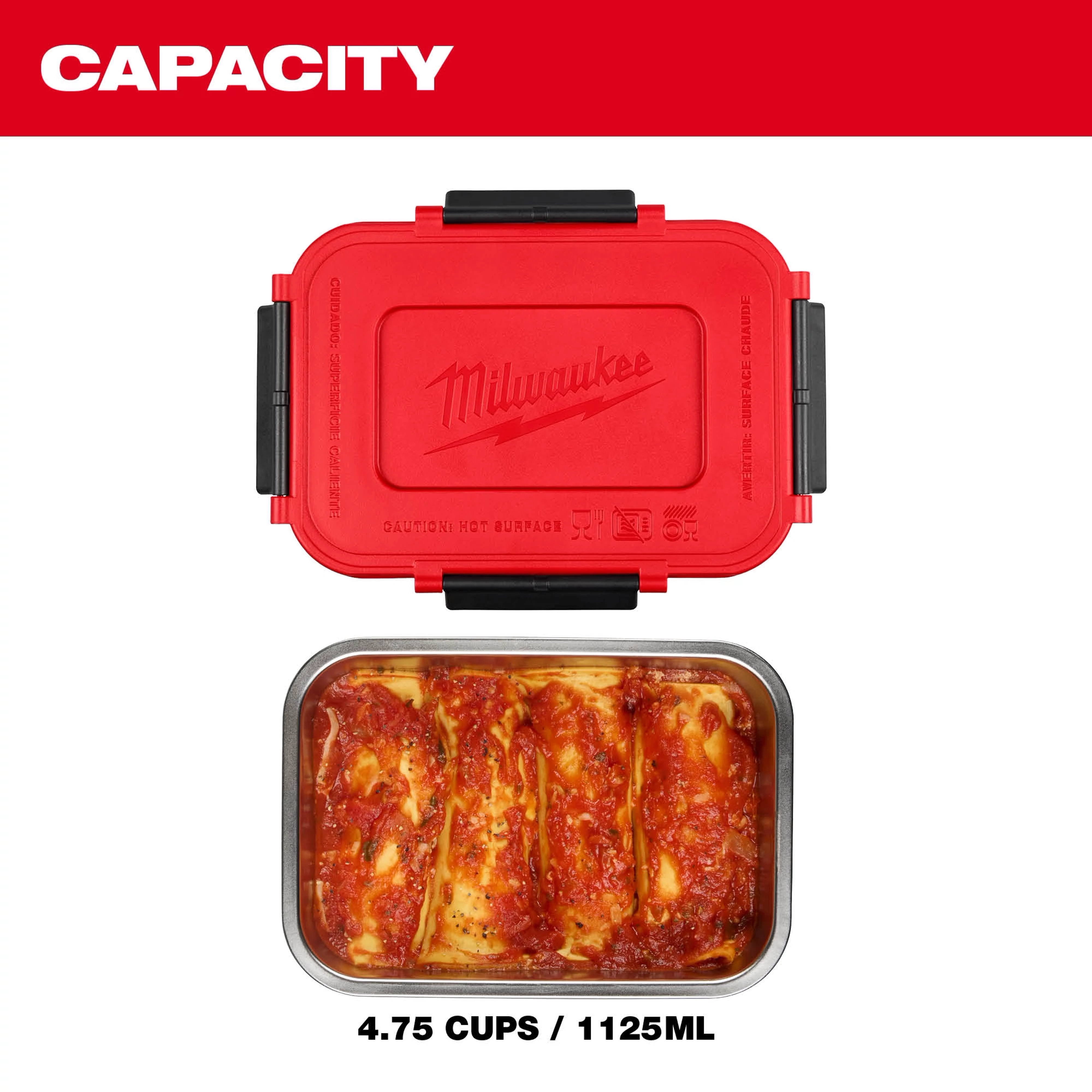 Stainless Steel Container for M18 Jobsite Lunch Warmer with food inside and red lid, capacity 4.75 cups / 1125ml.