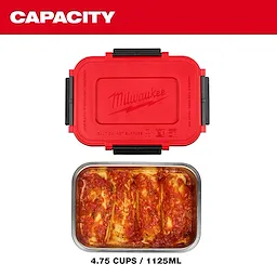 Stainless Steel Container for M18 Jobsite Lunch Warmer with food inside and red lid, capacity 4.75 cups / 1125ml.