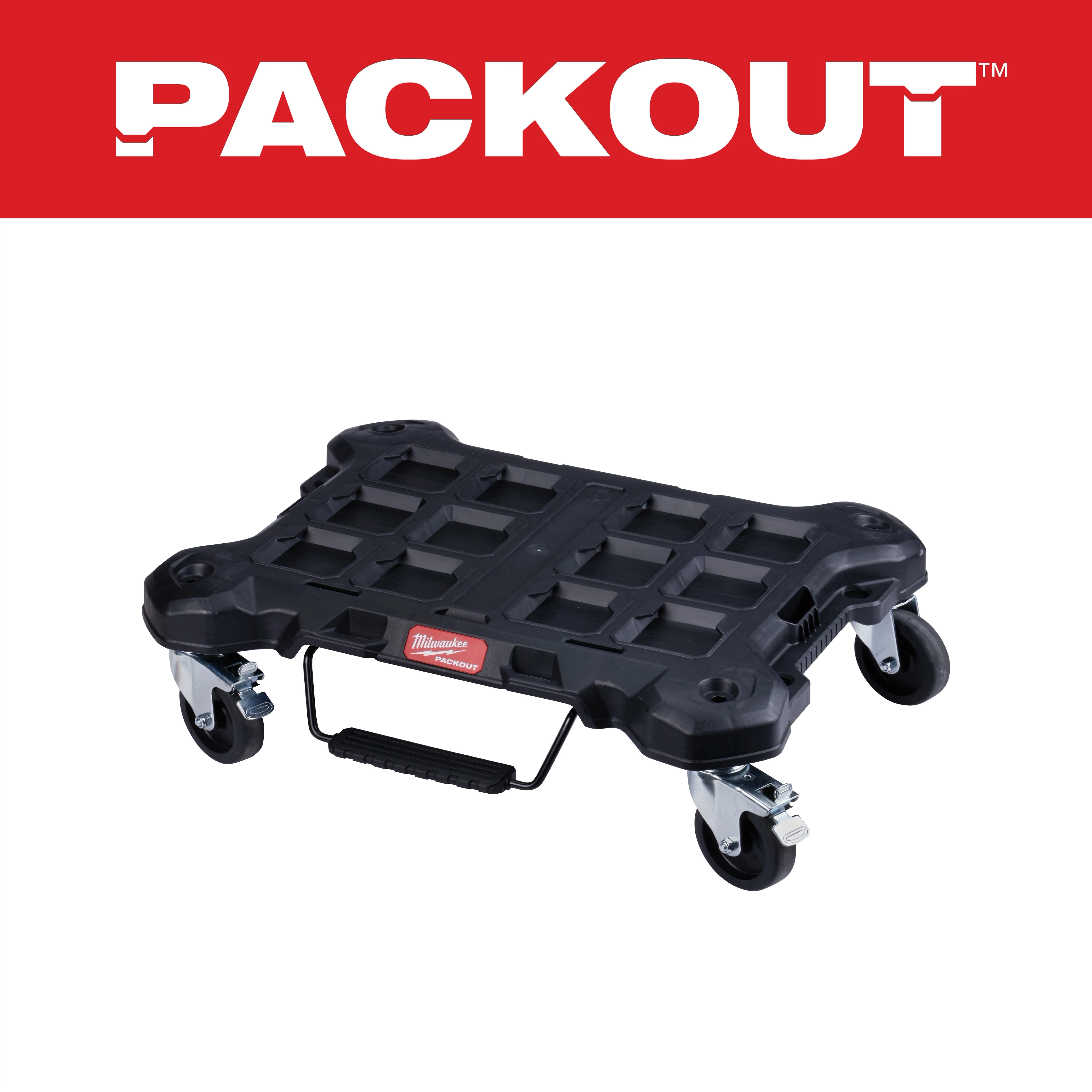 The Primary Image is a Milwaukee Packout dolly with four rotating wheels, a black grid-like platform, and a handle.