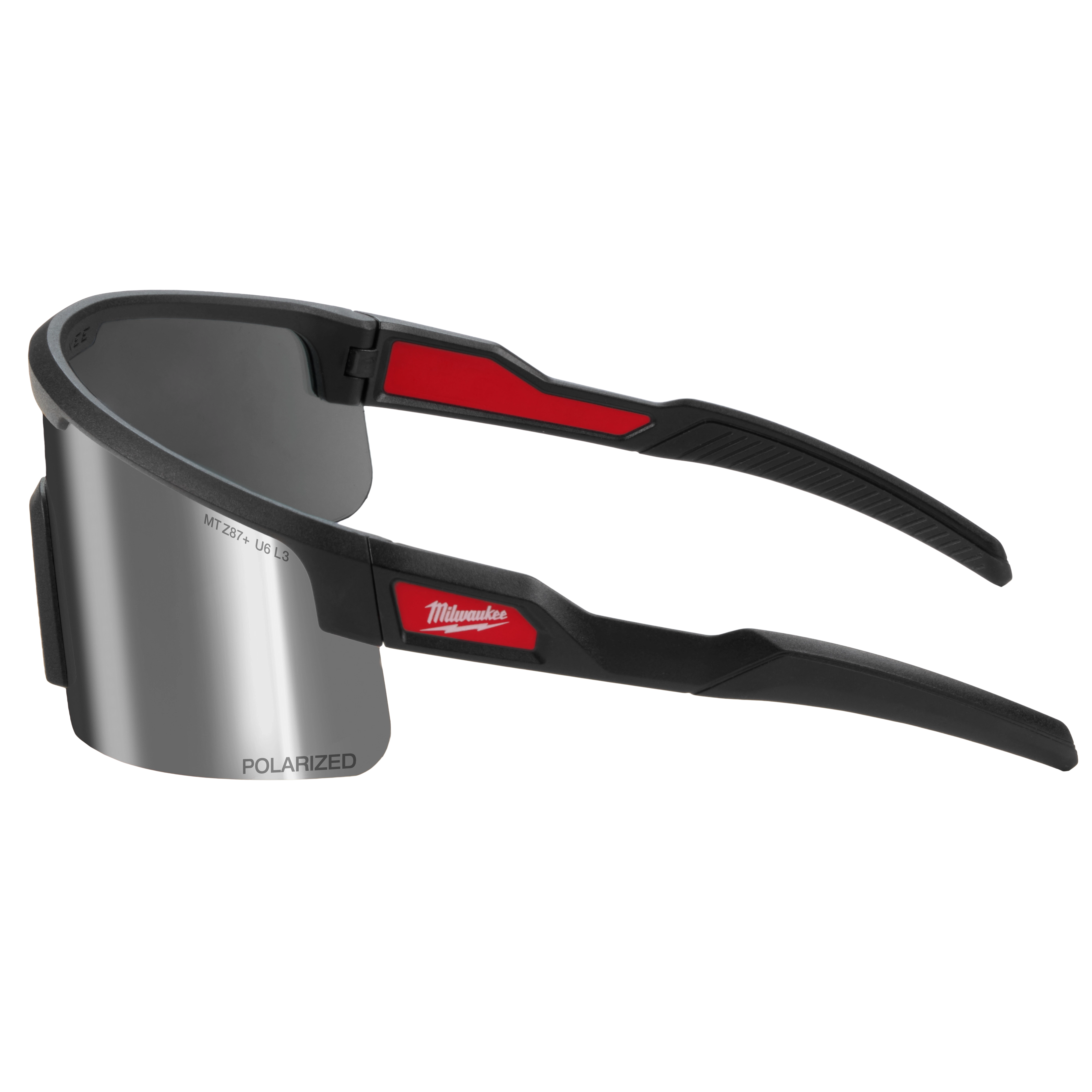 Polarized Wrap Around Safety Glasses feature mirrored dual coat lenses and black and red frame accents. Designed for protection and style, the glasses offer UV resistance with a comfortable fit. The brand logo is located on the sides of the frame, next to the lenses marked "POLARIZED."