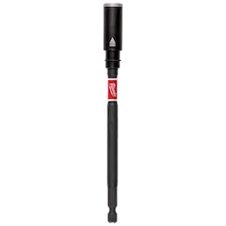 The image shows a SHOCKWAVE™ Impact Duty 6" Screw Holding Bit Holder. It is a black tool with a red band near the top displaying the Milwaukee logo. The bit holder has a hexagonal base for attachment and a cylindrical head for holding screws.