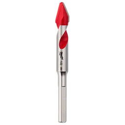 1/2" Hard Tile and Glass Bit with a silver body and a red, spear-shaped tip designed for drilling through hard tile and glass. The bit features a spiral groove for efficient debris removal.