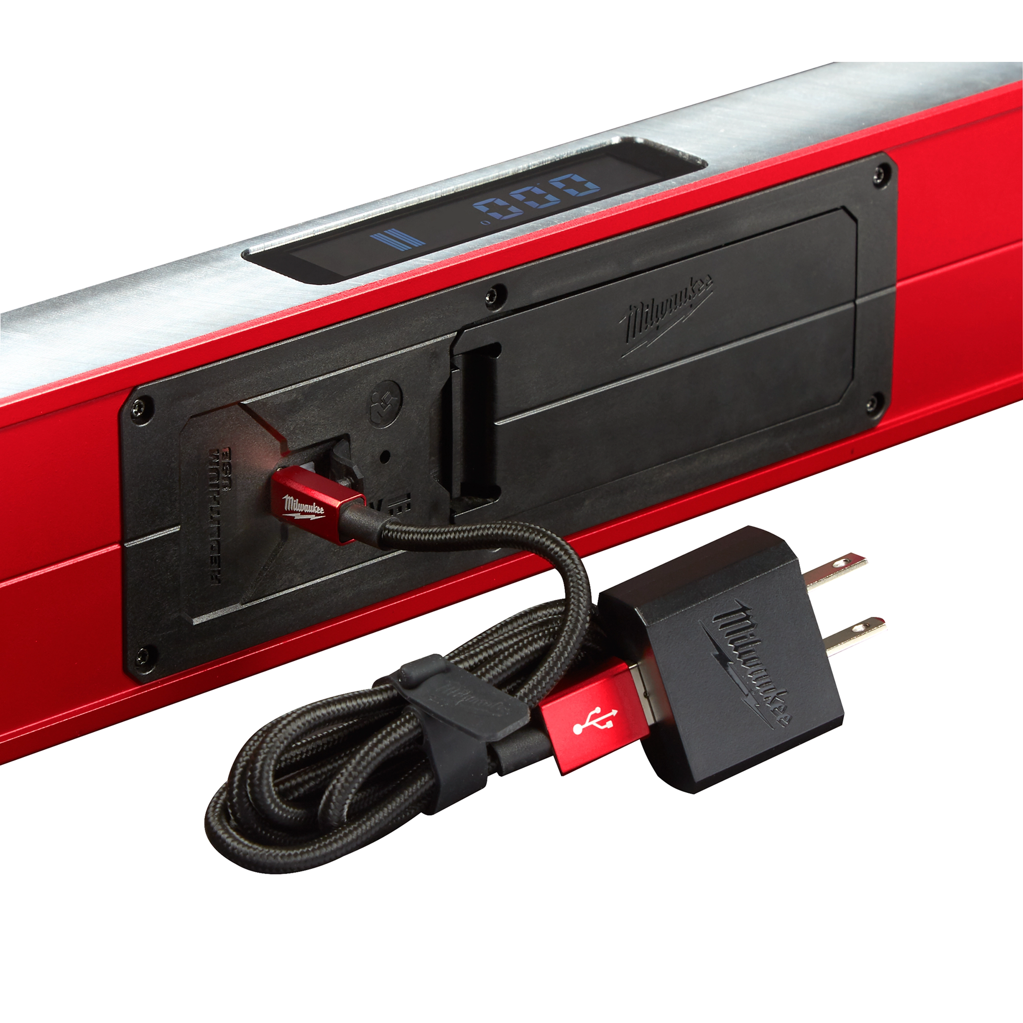Milwaukee REDSTICK Digital Level with PINPOINT Measurement Technology, featuring a digital display and USB charger with cable.