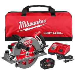 Milwaukee M18 FUEL 10-1/4" Rear Handle Circular Saw Kit includes saw, battery, charger, and carrying bag, all in red and black.