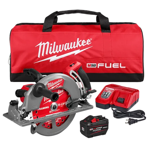 Milwaukee M18 FUEL 10-1/4" Rear Handle Circular Saw Kit includes saw, battery, charger, and carrying bag, all in red and black.