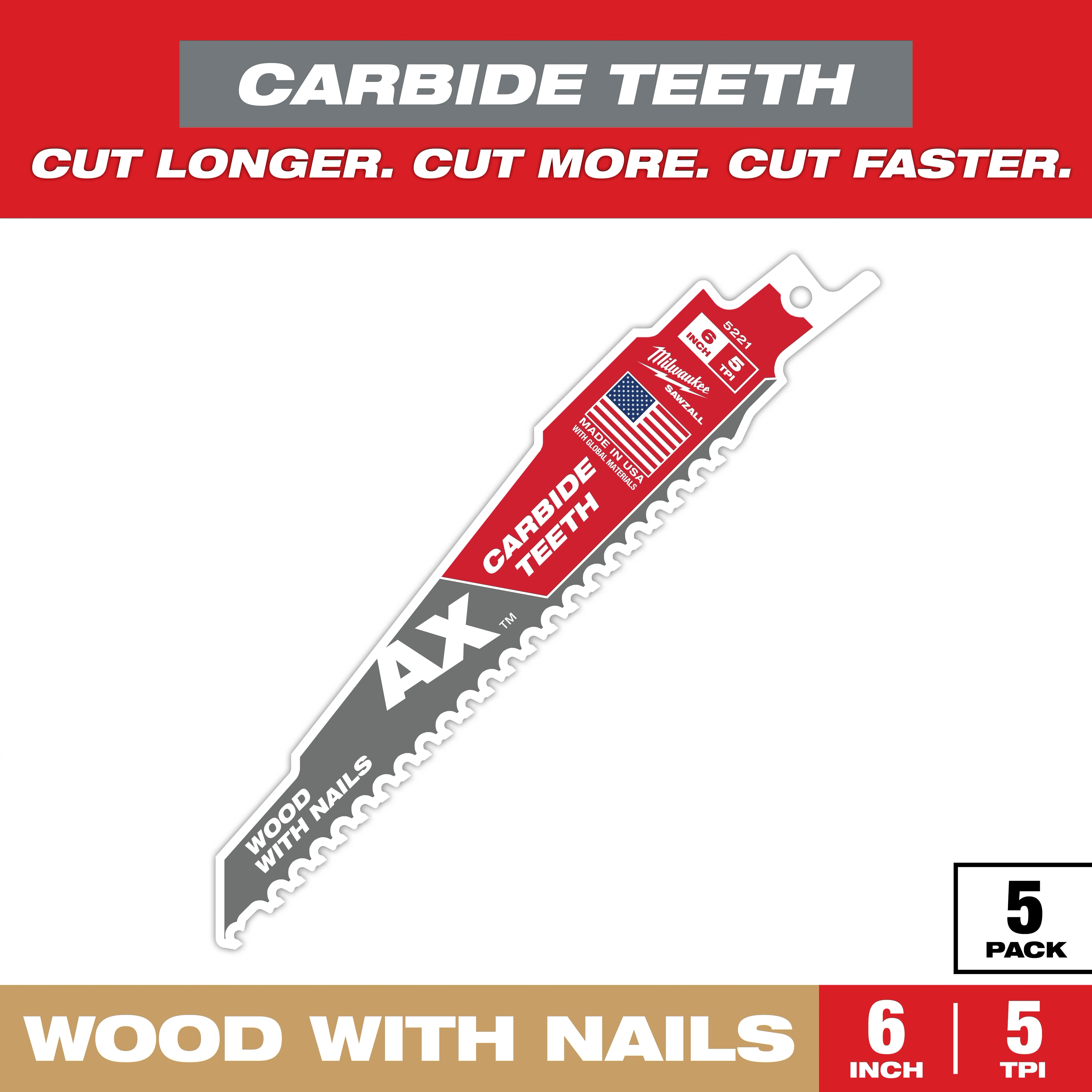 The Sawzall Bi-Metal Carbide Primary Images displays a 6-inch blade with carbide teeth designed for cutting wood with nails. The packaging highlights "Cut Longer. Cut More. Cut Faster." and contains 5 blades. The blade features the United States flag and text indicating its quality and durability.