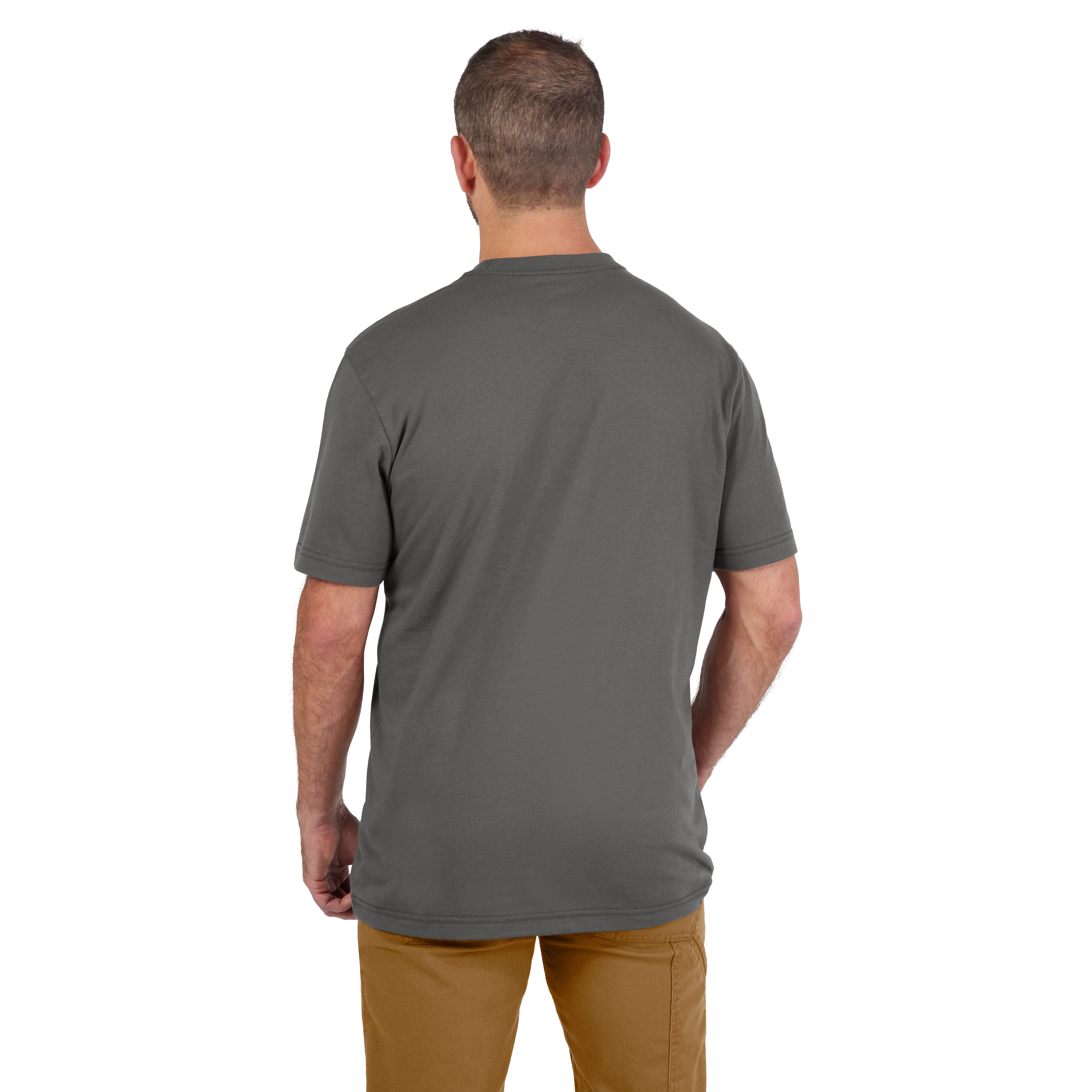 Man wearing a Heavy Duty Pocket T-Shirt in gray, viewed from the back, paired with light brown pants.