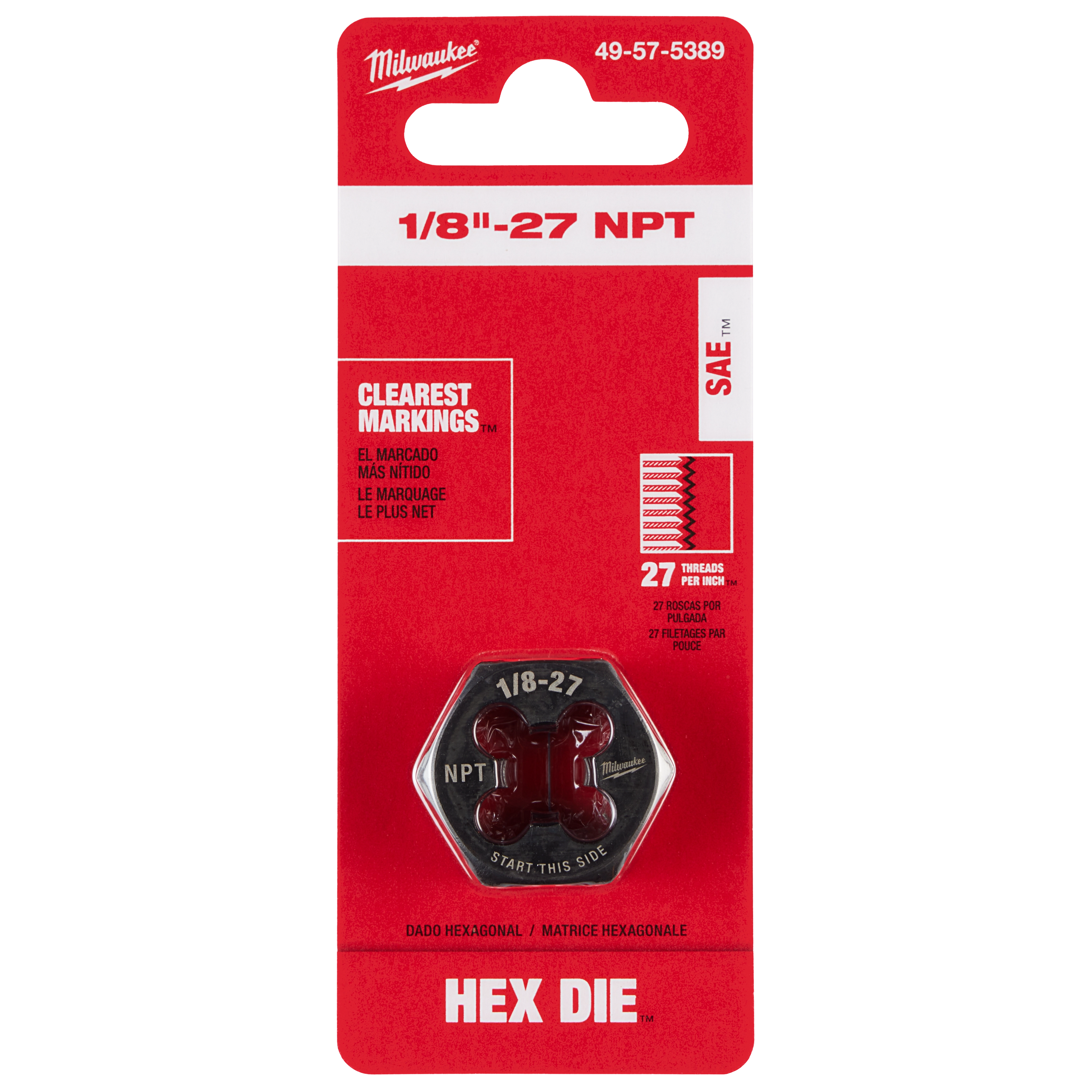 1/8"-27 NPT 1-Inch Hex Threading Die in red packaging, featuring clear markings, and threading information with 27 threads per inch.