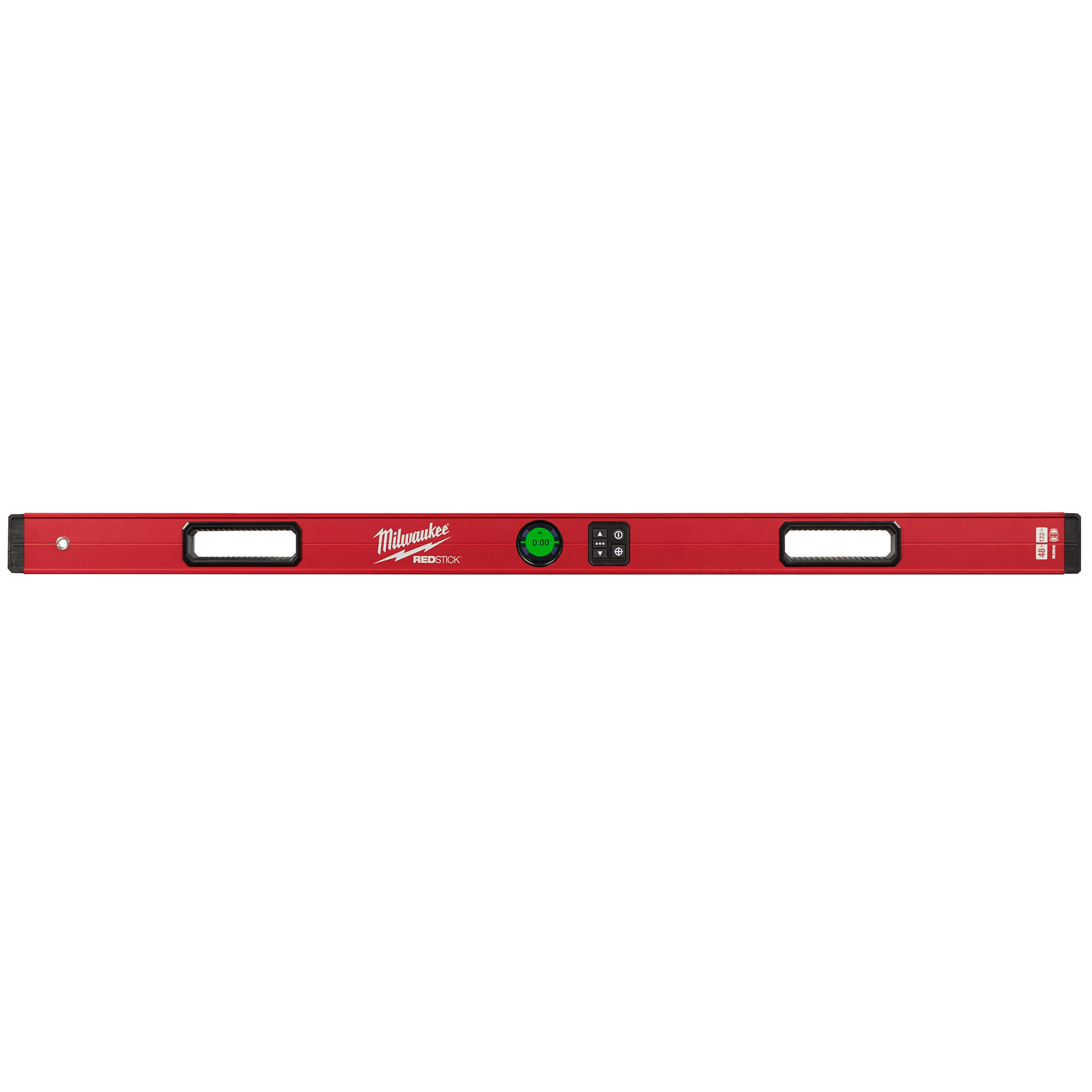Milwaukee REDSTICK Digital Level with PINPOINT Measurement Technology, red, featuring two handles, a digital display, and a green bubble vial.